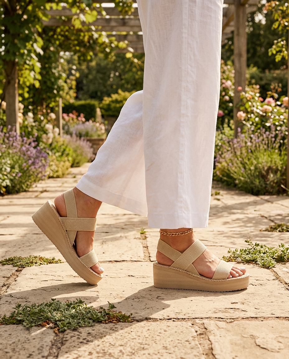 Elena Cream sandals styled with white linen trousers
